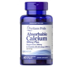 Puritans Pride Absorbable Calcium 600mg plus Magnesium 300mg & Vitamin D 1000iu 60 Softgels