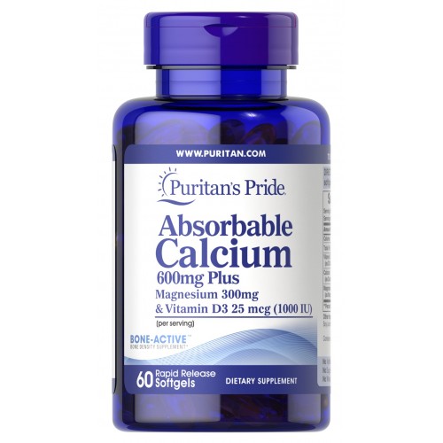 Puritans Pride Absorbable Calcium 600mg plus Magnesium 300mg & Vitamin D 1000iu 60 Softgels